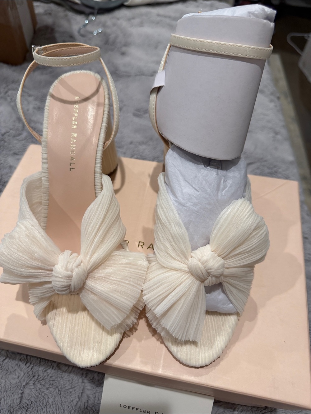 Loeffler Randall Cream Knotted Bow Ankle-Strap Heels